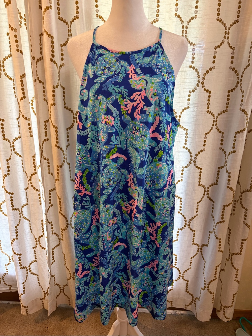 Lilly Pulitzer Navy Floral Spaghetti-Strap Dress with Pink Trim - Picture 7 of 8